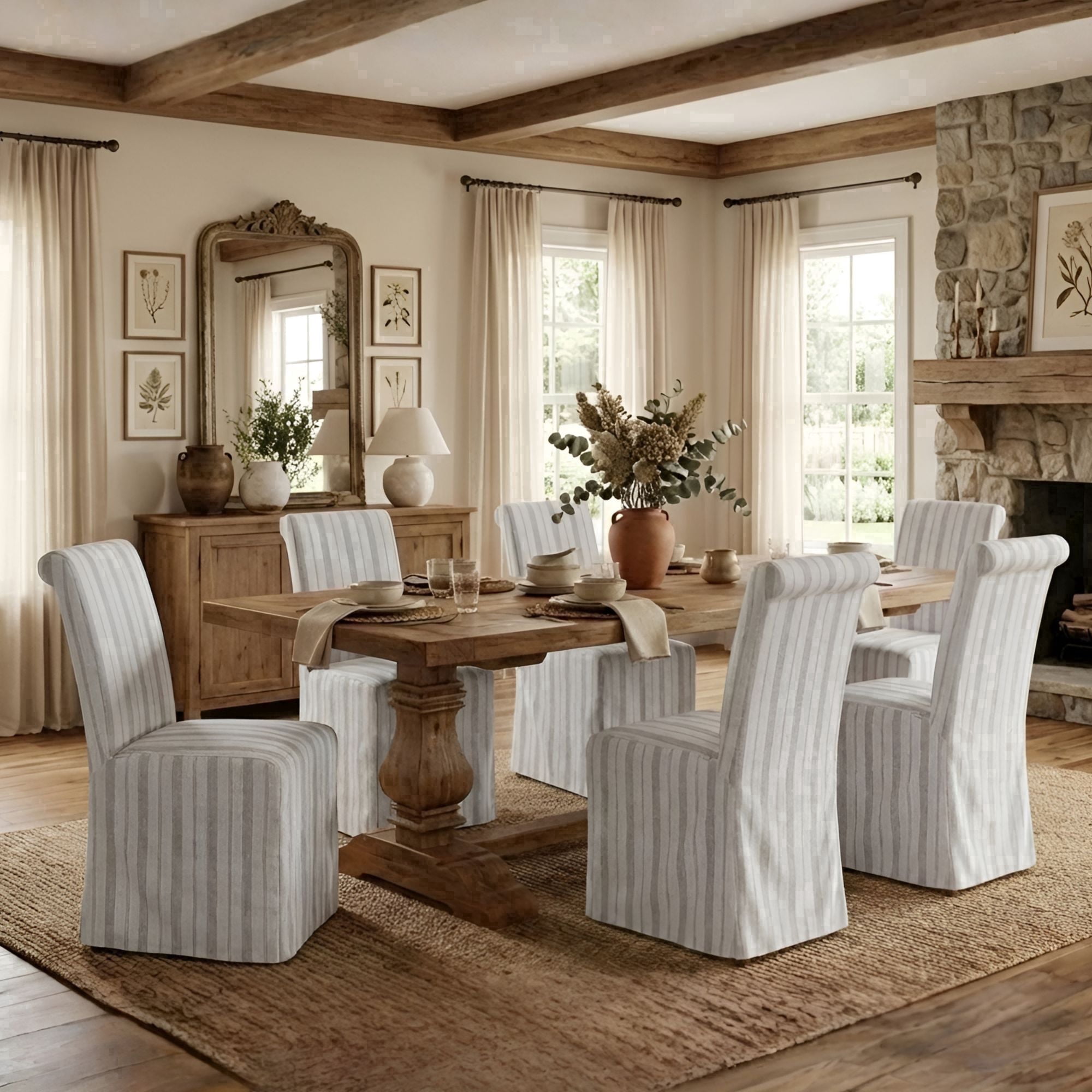 Dayalane Slipcovered Parsons Dining Chairs Set of 6, Modern Farmhouse High Back Linen Upholstered Chair with Removable Skirted, Classic Wooden Side Kitchen Chairs for Dining Living Room, Khaki Stripe
