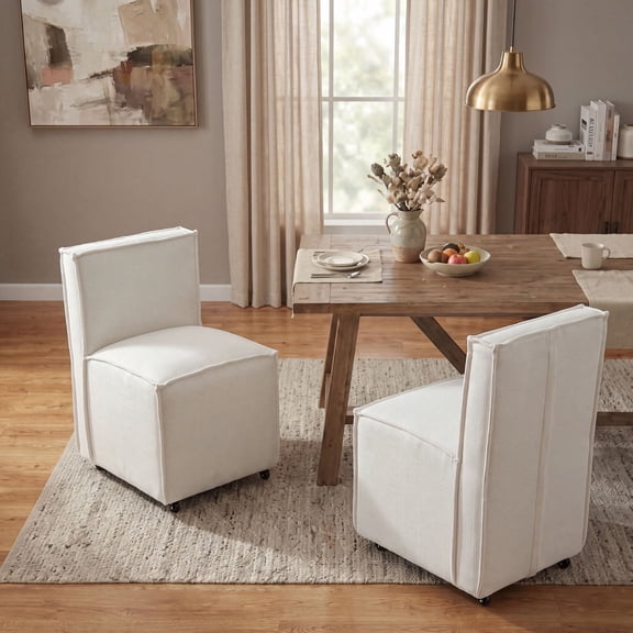 Dayalane Traditional Slipcovered Dining Chairs Set of 2, Modern Farmhouse Linen Upholstered Kitchen Chairs with Casters, Minimalist Style Armless Side Chair for Dining & Living Room, Beige
