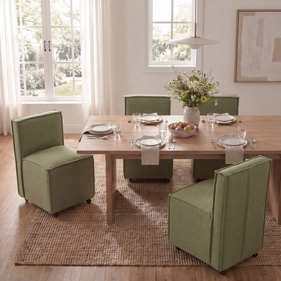 Dayalane Traditional Slipcovered Dining Chairs Set of 4, Modern Farmhouse Linen Upholstered Kitchen Chairs with Casters, Minimalist Style Armless Side Chair for Dining & Living Room, Green