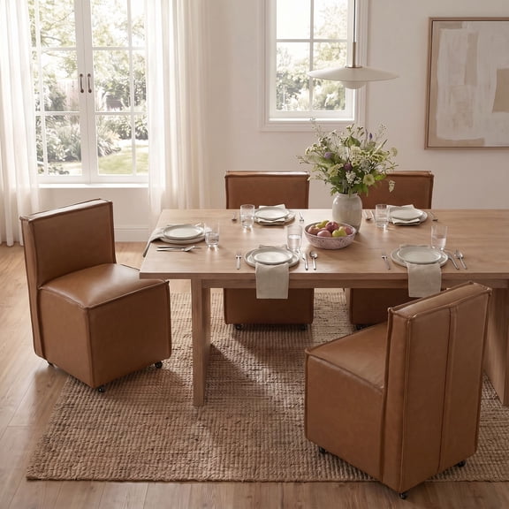 Dayalane Traditional Slipcovered Dining Chairs Set of 4, Modern Farmhouse PU Leather Upholstered Kitchen Chairs with Casters, Minimalist Style Armless Side Chair for Dining & Living Room, Brown