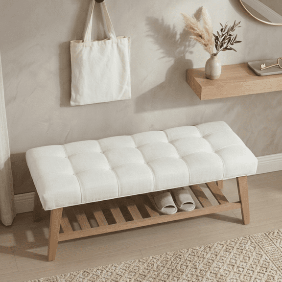 Dayalane Upholstered Storage Bench with Shoe Rack,Linen Fabric Entryway Bench for Living Room, Bedroom and Hallway, Multi Functional Ottoman with Solid Wood Shelf, Beige