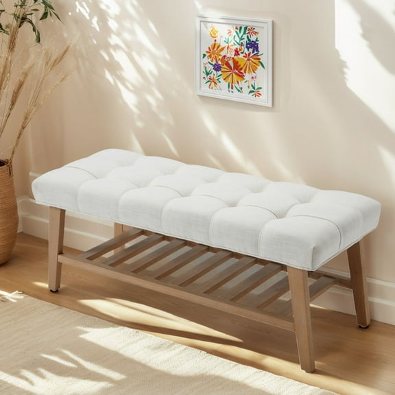 Dayalane Upholstered Storage Bench with Shoe Rack,Linen Fabric Entryway Bench for Living Room, Bedroom and Hallway, Multi Functional Ottoman with Solid Wood Shelf, Beige