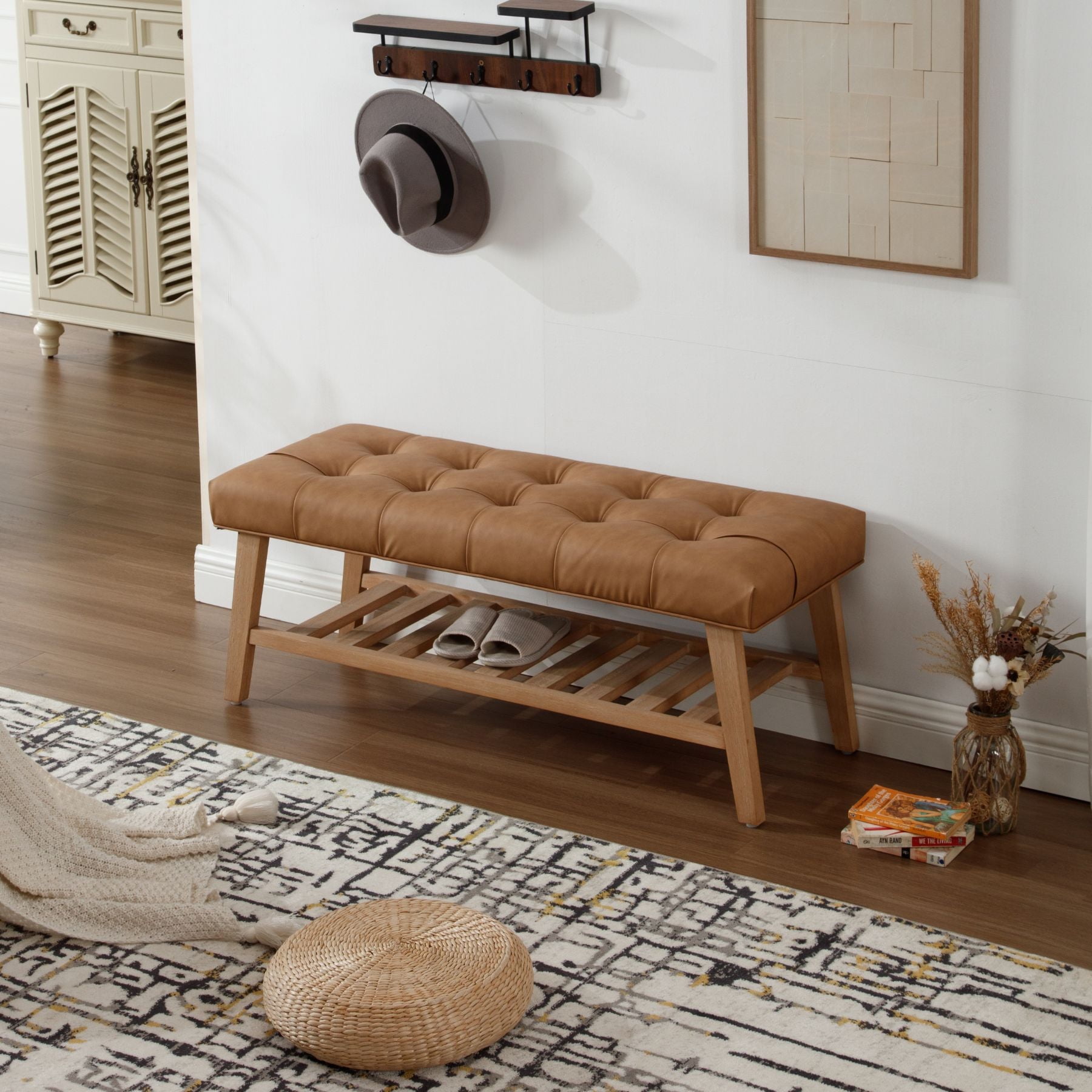 Dayalane Upholstered Storage Bench with Shoe Rack,Linen Fabric