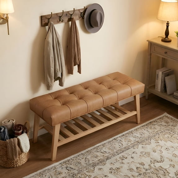 Dayalane Upholstered Storage Bench with Shoe Rack,Linen Fabric Entryway Bench for Living Room, Bedroom and Hallway, Multi Functional Ottoman with Solid Wood Shelf, Brown