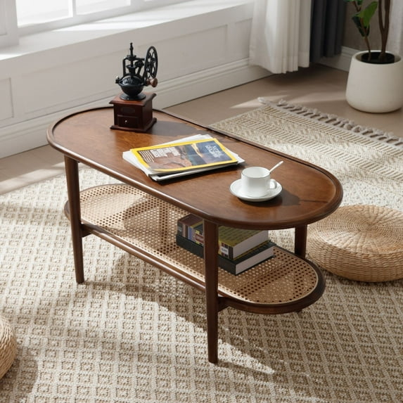 Dayalane Walnut Rattan Coffee Table,Mid-Century Modern 2-Tier Center Table with Storage Shelf Wooden Top for Living Room, Bedroom or Small Spaces