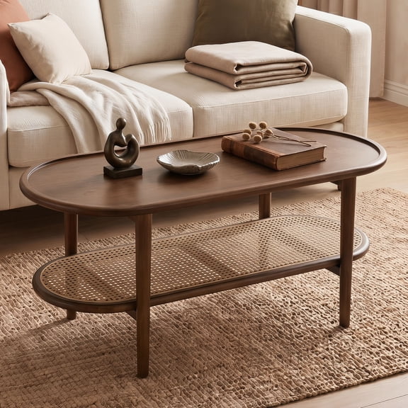 Dayalane Walnut Rattan Coffee Table,Mid-Century Modern 2-Tier Center Table with Storage Shelf Wooden Top for Living Room, Bedroom or Small Spaces