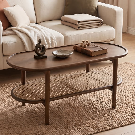 Dayalane Walnut Rattan Coffee Table,Mid-Century Modern 2-Tier Center Table with Storage Shelf Wooden Top for Living Room, Bedroom or Small Spaces