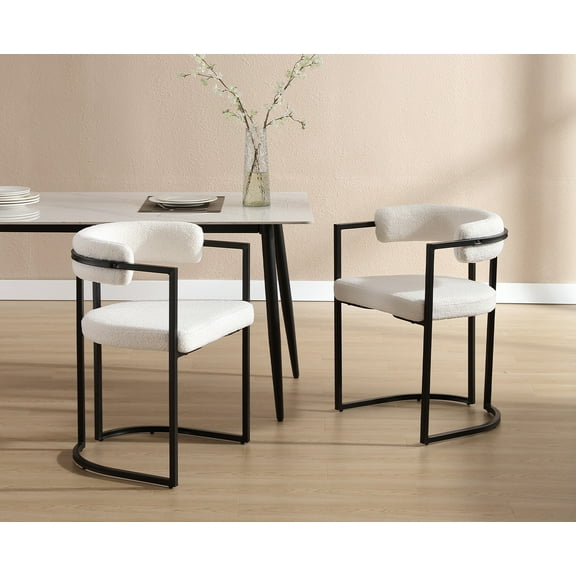 Dayalane White Sherpa Dining Chairs Set of 2, Modern Upholstered Boucle Barrel Side Chairs, Comfy Curved Back Kitchen Chair Armchair for Living Room Kitchen Dining Room Reception
