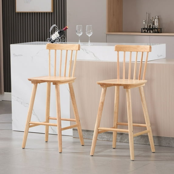 Dayalane Windsor Bar Stools Set of 2, 26" Farmhouse Wooden Counter Height Barstools with Spindle Back & Footrest, Armless Kitchen Island Stools for Bistro, Pub, Breakfast Bar,Natural