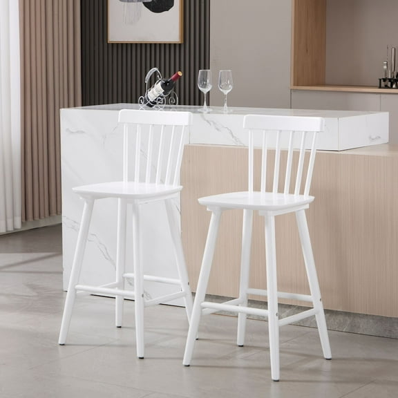 Dayalane Windsor Bar Stools Set of 2, 26" Farmhouse Wooden Counter Height Barstools with Spindle Back & Footrest, Armless Kitchen Island Stools for Bistro, Pub, Breakfast Bar,White