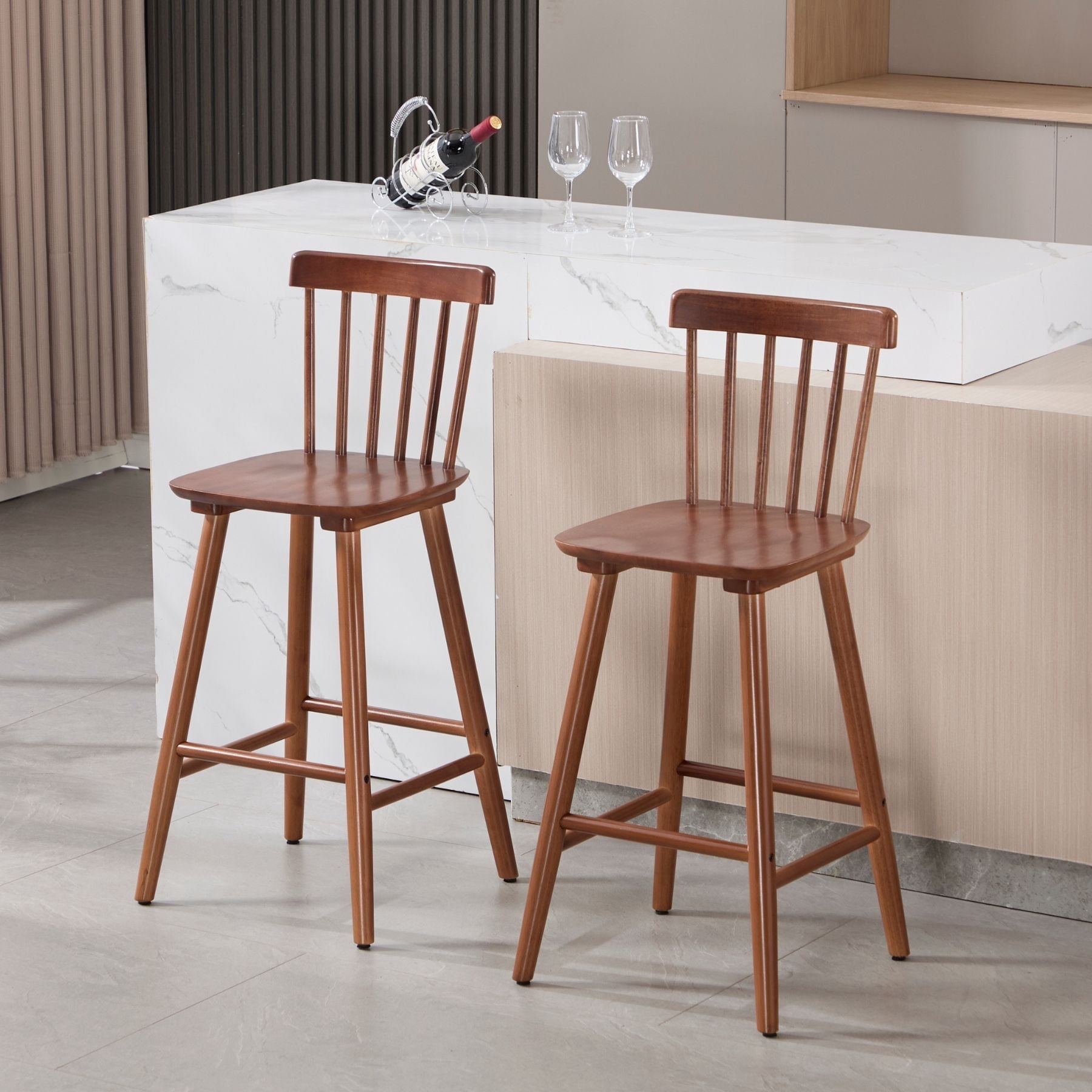 Dayalane Windsor Bar Stools Set of 2, 26" Farmhouse Wooden Counter Height Barstools with Spindle Back & Footrest, Armless Kitchen Island Stools for Bistro, Pub, Breakfast Bar,Walnut