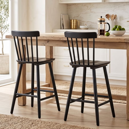Dayalane Windsor Bar Stools Set of 2, 26" Farmhouse Wooden Counter Height Barstools with Spindle Back & Footrest, Armless Kitchen Island Stools for Bistro, Pub, Breakfast Bar,Black