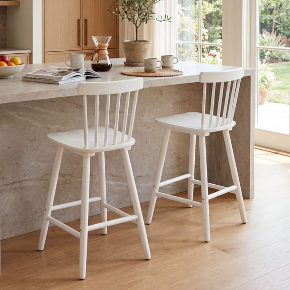Dayalane Windsor Bar Stools Set of 2, 26" Farmhouse Wooden Counter Height Barstools with Spindle Back & Footrest, Armless Kitchen Island Stools for Bistro, Pub, Breakfast Bar,White
