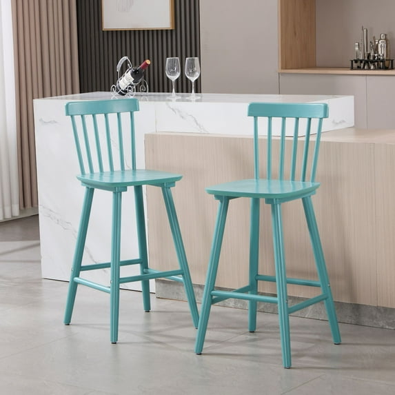 Dayalane Windsor Bar Stools Set of 2, 26" Farmhouse Wooden Counter Height Barstools with Spindle Back & Footrest, Armless Kitchen Island Stools for Bistro, Pub, Breakfast Bar,Teal