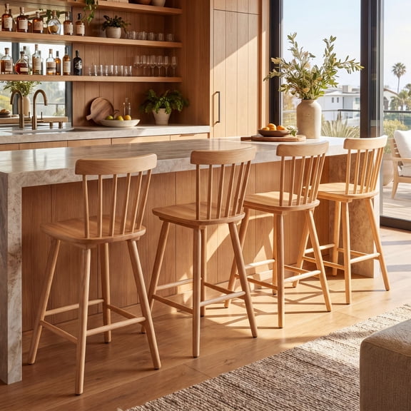 Dayalane Windsor Bar Stools Set of 4, 26" Farmhouse Wooden Counter Height Barstools with Spindle Back & Footrest, Armless Kitchen Island Stools for Bistro, Pub, Breakfast Bar,Natural
