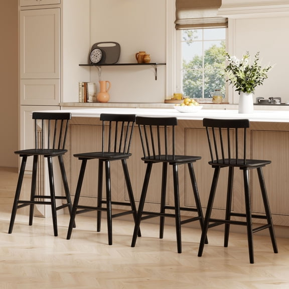 Dayalane Windsor Bar Stools Set of 4, 26" Farmhouse Wooden Counter Height Barstools with Spindle Back & Footrest, Armless Kitchen Island Stools for Bistro, Pub, Breakfast Bar,Black