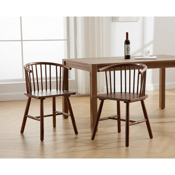 Dayalane Wooden Spindle Dining Chairs Set of 2, Mid-Century Modern Farmhouse Kitchen Chairs with Curved Backrest, Windsor Chairs for Living Room Kitchen Dining Room, Walnut