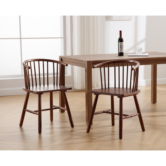 Dayalane Wooden Spindle Dining Chairs Set of 2, Mid-Century Modern Farmhouse Kitchen Chairs with Curved Backrest, Windsor Chairs for Living Room Kitchen Dining Room, Walnut