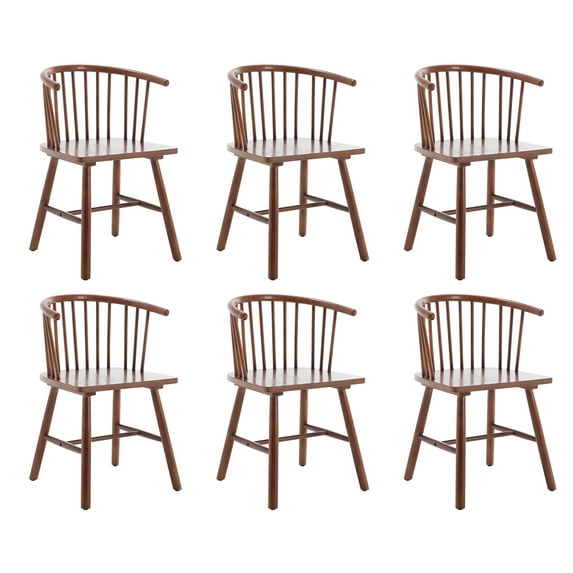 Dayalane Wooden Spindle Dining Chairs Set of 6, Mid-Century Modern Farmhouse Kitchen Chairs with Curved Backrest, Windsor Chairs for Living Room Kitchen Dining Room, Walnut