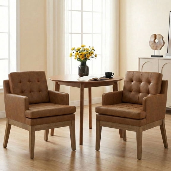 Dayalne Mid Century Modern Dining Chairs Set of 2, Faux Leather Upholstered Tufted Kitchen Room Chairs with Armrests, Removable Cushion Wooden Accent Side Chair for Dining/Living Room, Brown