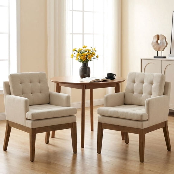 Dayalne Mid Century Modern Dining Chairs Set of 2, Linen Upholstered Tufted Kitchen Room Chairs with Armrests, Removable Cushion Wooden Accent Side Chair for Dining/Living Room, Beige