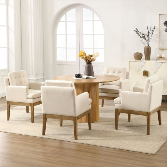 Dayalne Mid Century Modern Dining Chairs Set of 4, Linen Upholstered Tufted Kitchen Room Chairs with Armrests, Removable Cushion Wooden Accent Side Chair for Dining/Living Room, Beige