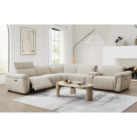 Dayana Beige Boucle Power Recliner Sectional Sofa for 5 People | Cupholder Console & Adjustable Headrest