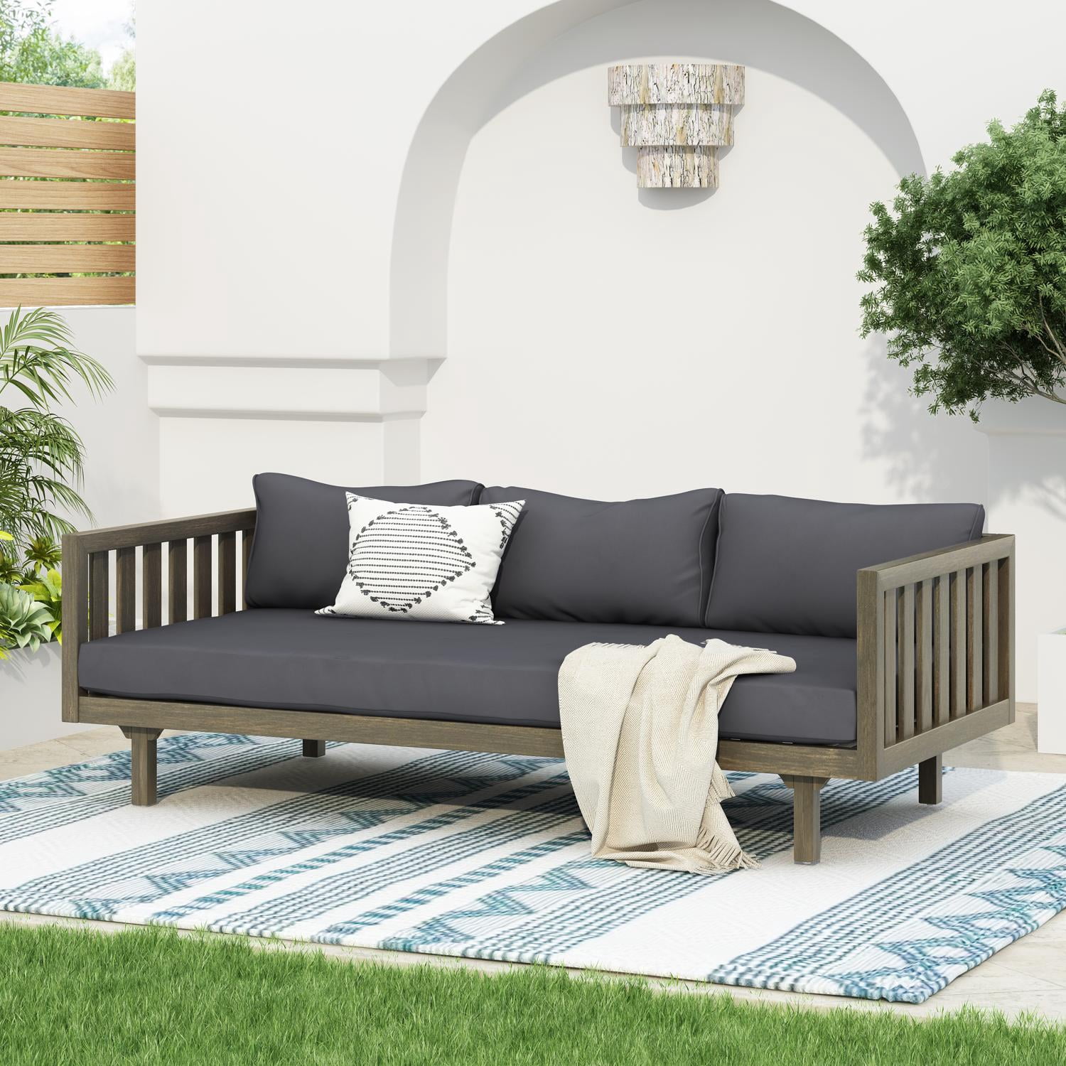 Daybed 3 Seater, Outdoor Daybed, Patio Daybed with Acacia Wood Frame and Slat Paneling, Water-Resistant Cushions, Backyard Sunroom Lounge Furniture, Grey Wood