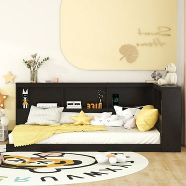 Daybed, Bed Frame Twin with 5 Built-in Storage Cabinets and USB Ports, Wood Twin Bed Frame, Modern Style Day Bed, Storage Bed for Adults Boys and Girls, Espresso