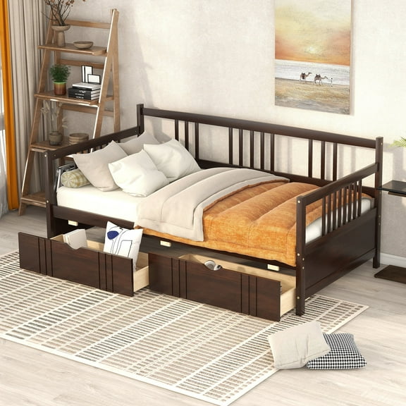 Daybed Bed Room, Farmhouse Twin Captain's Bed with Trundle and 2 Storage Drawers, Wood Daybed Bed with 10 Slats Strong Support, Twin Daybed for Bedroom, 300lbs, Espresso, SS2668