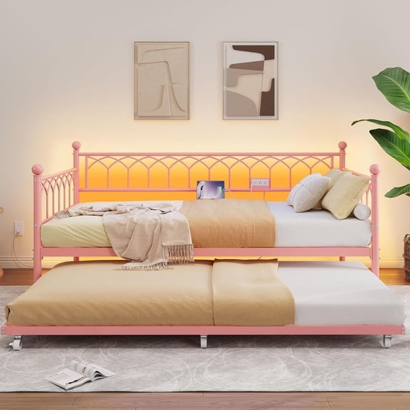 Daybed with Charging Station & LED Lights,Twin Daybed with Trundle,Metal Sofa Bed Frame with Steel Slat Support,Space Saving Metal Sleeper for Living Room,Bedroom and Guest Room