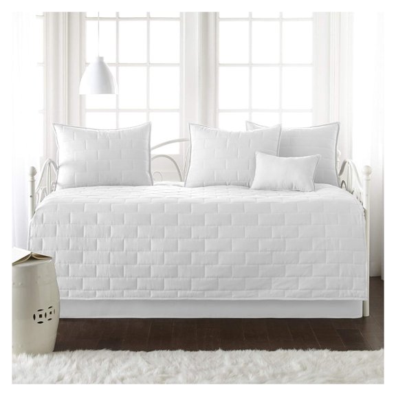 Daybed Comforter Set, 6-Piece Bedding Set with Daybed Cover, 3 Pillow Shams, Bed Skirt, Throw Pillow - Day Bed Quilt Set, Brickyard White