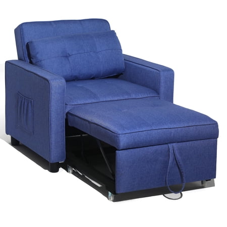 Daybed Convertible Chair Bed Sofa Sleeper 3-in-1 for Adults Single Adjustable Chair with Pillow and Pocket Linen Fabric Modern Arm Chair Blue