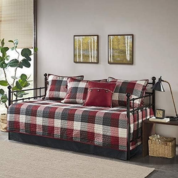 Daybed Cover Double Sided Quilting Casual Design All Season Bedding Set with Bedskirt, Matching Shams, Decorative Pillow, 75 in x 39 in, Ridge, Plaid Red