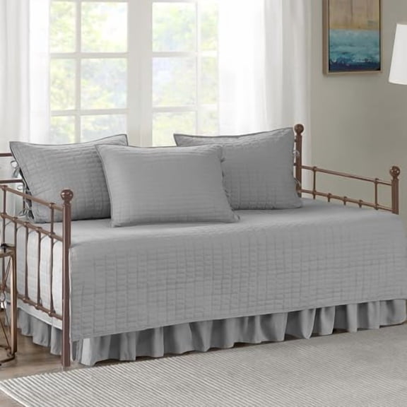 Daybed Cover - Luxe Double Sided-Quilting, All Season Cozy Bedding with Bedskirt, Matching Shams, Kienna Grey 75"x39" 5 Piece,100% Microfiber