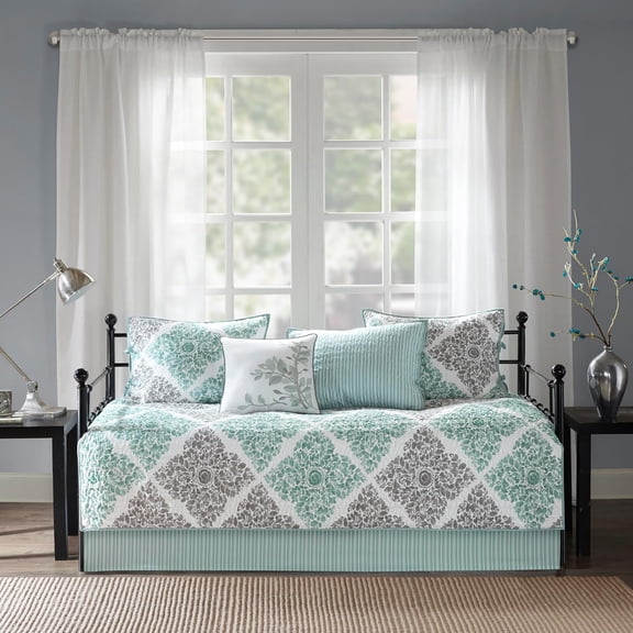 Daybed Cover Set - Double Sided Quilting Casual Design, All Season Bedding with Bedskirt, Matching Shams, Decorative Pillow, 75"x39", Diamond Aqua 6 Piece