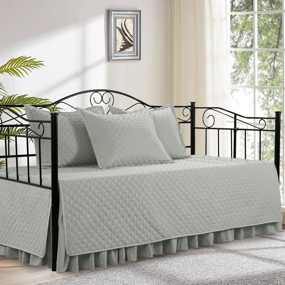 Daybed Cover Sets- Diamond Stitching Daybed Bedding Set, All Season Cozy Bedding with Bedskirt with Shams, Microfiber Filling, 5 Pieces, Light Grey