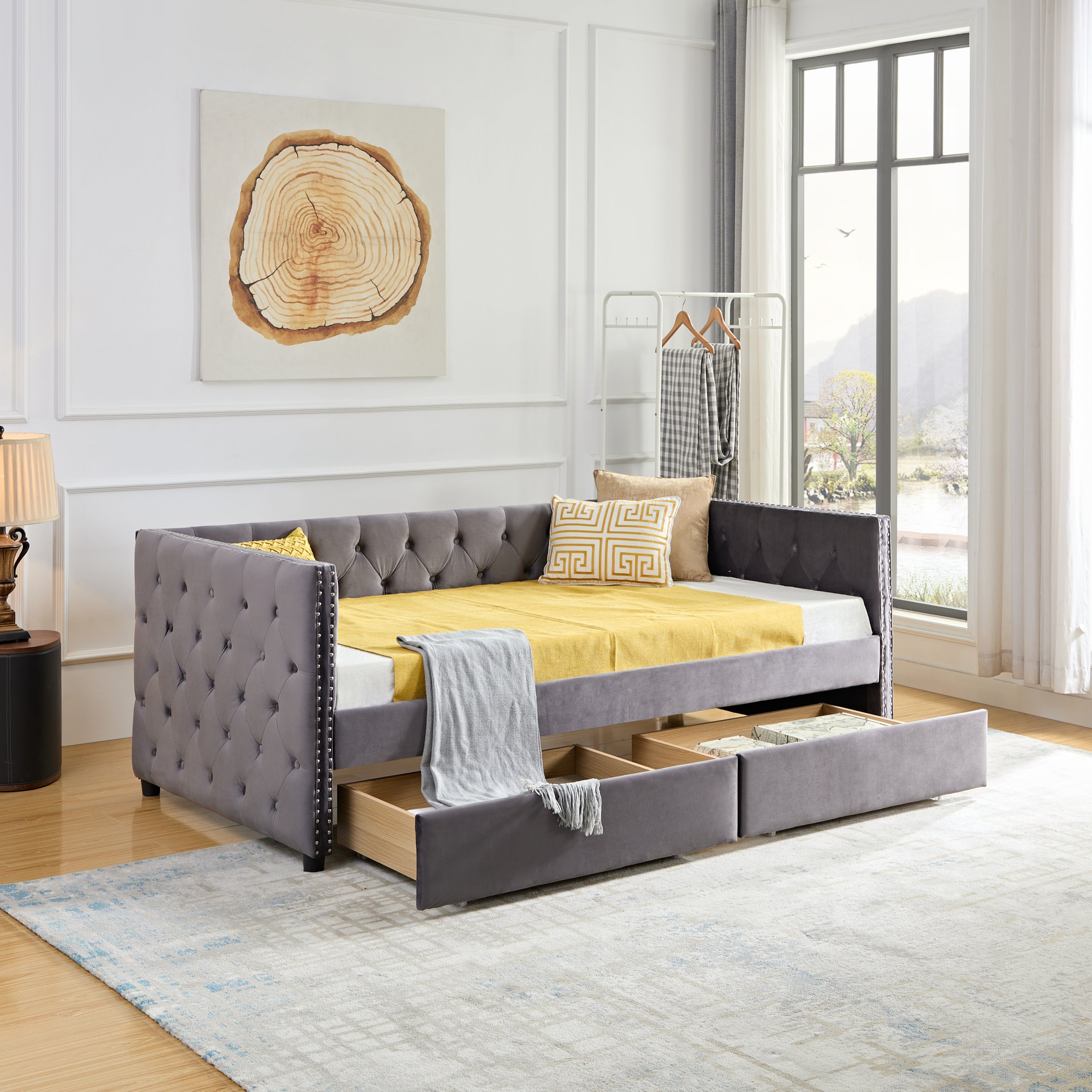 Twin Daybed With Drawers | Linen Upholstered Button-Tufted Daybed Frame | No Box Spring Needed | Beige Modern Sofa Bed