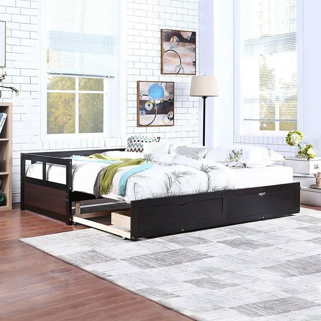 Daybed Extendable Bed with Two Storage Drawers, Extendable Bed Daybed