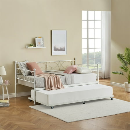 Daybed Frame with Trundle, Metal Day Bed with Floral Headboard, Heavy Duty Steel Slats Supports, Modern Twin Bed Frame with Pull-Out Trundle for Living Room, Guest Room