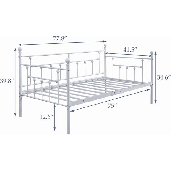 Daybed Frame,Twin Size Metal Platform Sofa Bed with Headboard，Heavy Duty Steel Slats Support for Living Room, Guest Room, Easy Assembly, White