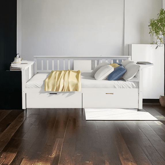 Daybed Frame Wood | Full Size Daybed with Two Drawers, Wood Slat Support