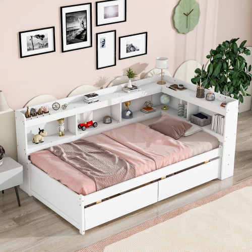 Daybed with L shaped Bookcases Twin Size Platform Bed with Storage Drawers Wood Multifunctional Sofa Bed with Slat Support for Kids Teens Adults