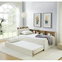 Daybed with Pop Up Trundle and LED Light, Twin Corner Bed Frame with Wireless Charging and Storage Headboard, Velvet Sofa Day Bed for Living Room, Beige