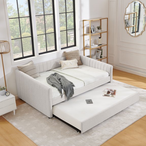 Daybed Replacement Parts, Beige Fabric Upholstery with Vertical Stripe Pattern, Foam Padded Support for Living Room or Bedroom Sofa Bed with Trundle, Compatible with W1413P293014