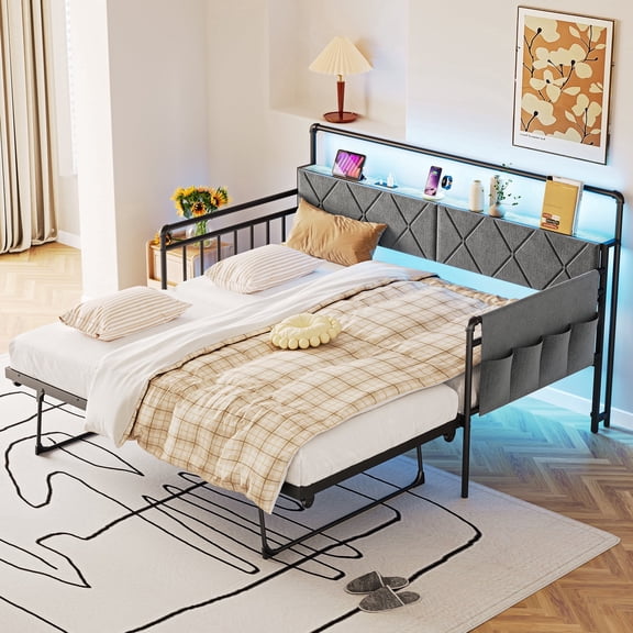 Pikvki Daybed with Charging Station & Side Pocket, Pop-upTrundle with Upholstered Storage Headboard, LED Light, Metal Twin Sofa Bed for Living Room/Bedroom, Gray