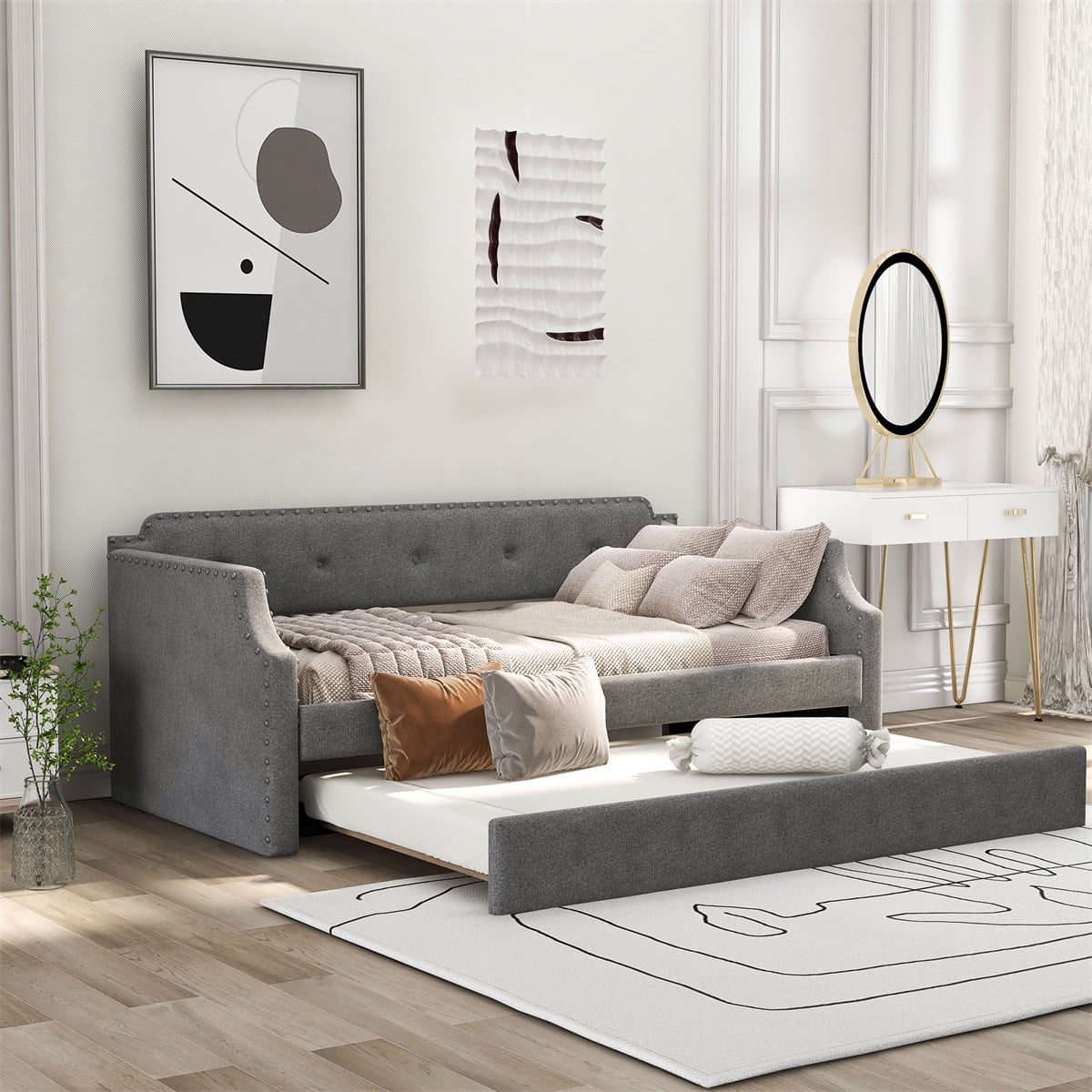 Daybed Sofa Bed Frame with Trundle Upholstered Daybed with Trundle Twin Daybed Frame with Notched Arms Arched Back and Nailhead Trim No Box Spring