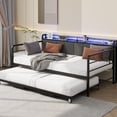 thumbnail image 1 of Daybed with Trundle Bed, Twin Bed Frame with Linen Upholstered Storage Headboard & Charging Station and LED Light, Heavy Duty Metal Day Bed Pop Up Trundle Bed for Living Room,Bedroom, Black, 1 of 7