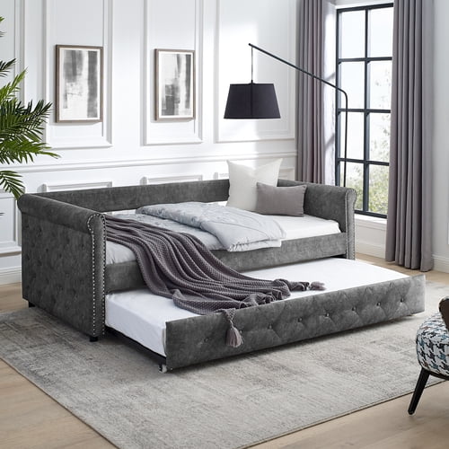 Daybed with Trundle, Fabric Upholstered Twin Size Day Bed Button-Tufted Sofa Daybed Frame with Twin Roll-Out Trundle, No Box Spring Needed, Furniture for Bedroom, Living Room, Guest Room, Fabric Gray