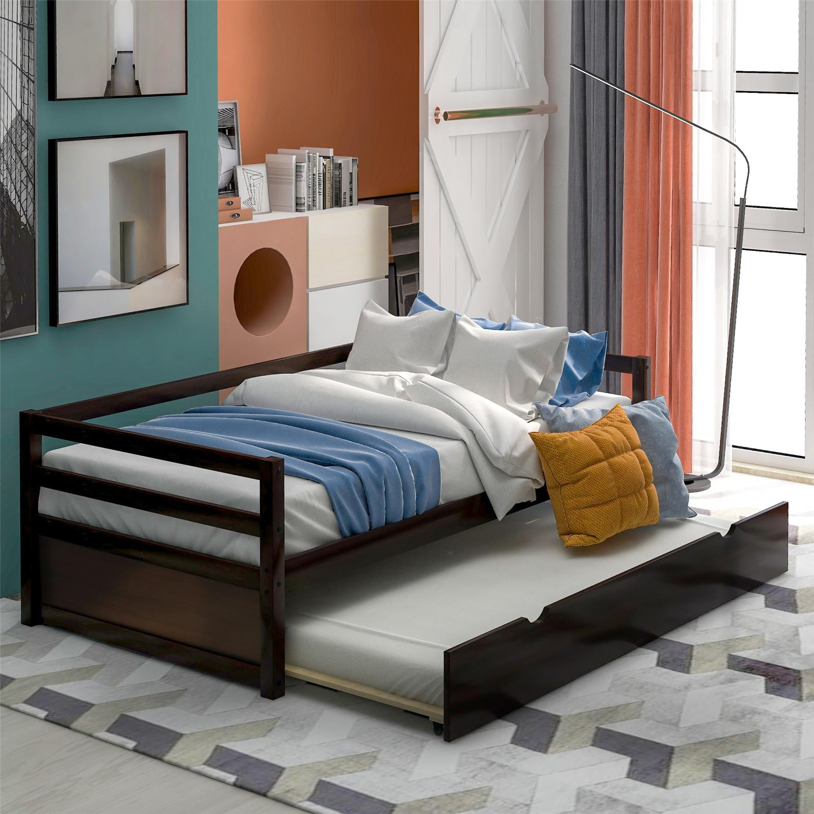 Daybed with Trundle Frame Set Solid Wood Daybed with Roll Out Trundle Guest Bed Twin Size No Box Spring Needed Mattress Foundation Easy Assembly